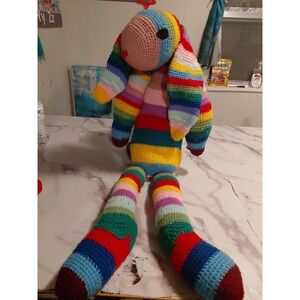 Extra Large Hand Made Crochet Long Ears Rainbow Bunny Stuffed Animal Collectible